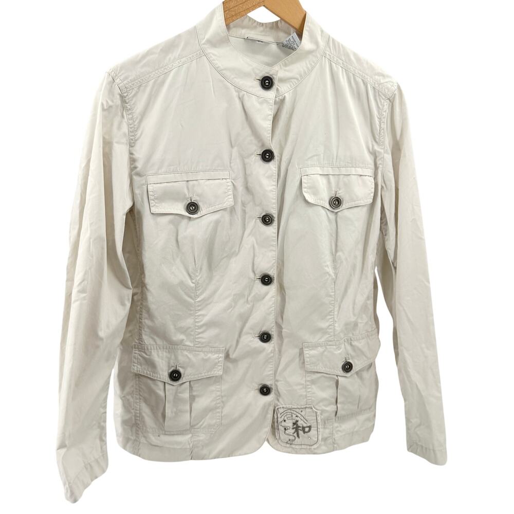 Vintage Y2K Chico's Cream 100% Cotton Asian River Scene Studded Jacket